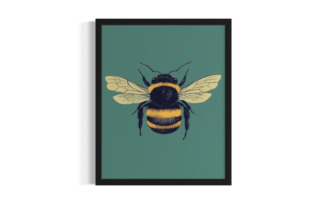 Bumblebee Insect Illustration on Teal Botanical Art Study Poster