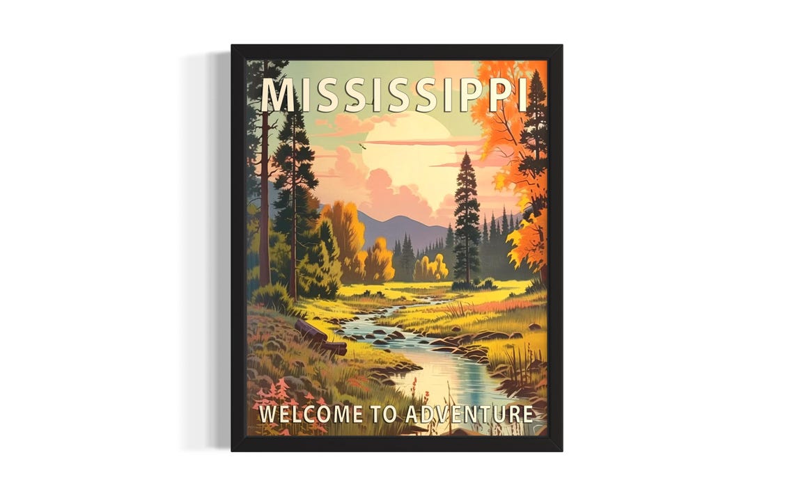Mississippi Welcome to Adventure Mountain Stream Retro Travel Poster