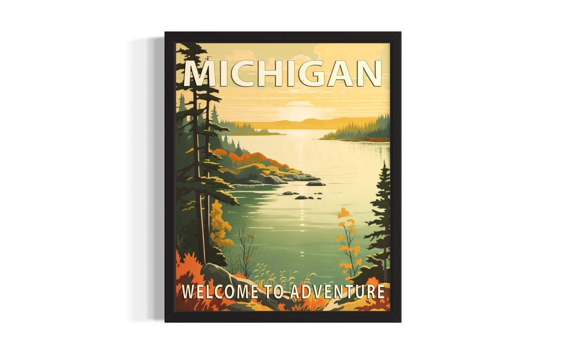 Michigan Welcome to Adventure River Sunset Retro Travel Poster