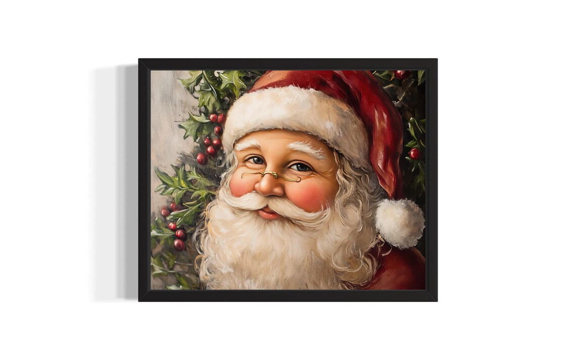 Santa Claus Portrait Painting With Holly Berries Christmas Poster