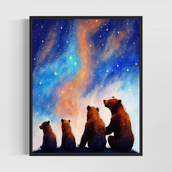 Bear Family Gazing Up At The Starry Night Sky Art Watercolor Poster
