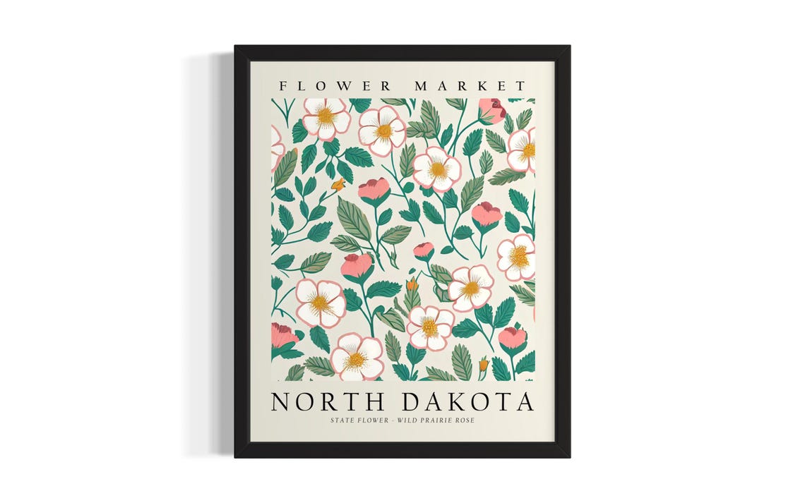 North Dakota Flower Market Wild Prairie Rose Botanical Poster