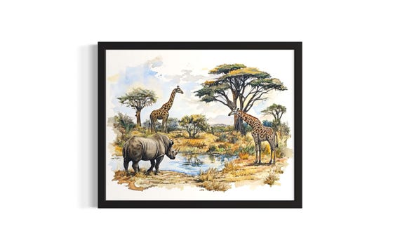 Rhino And Giraffe Animal In Safair Harmony Poster Art Print Living Room Wall Original Painting Artwork Decor