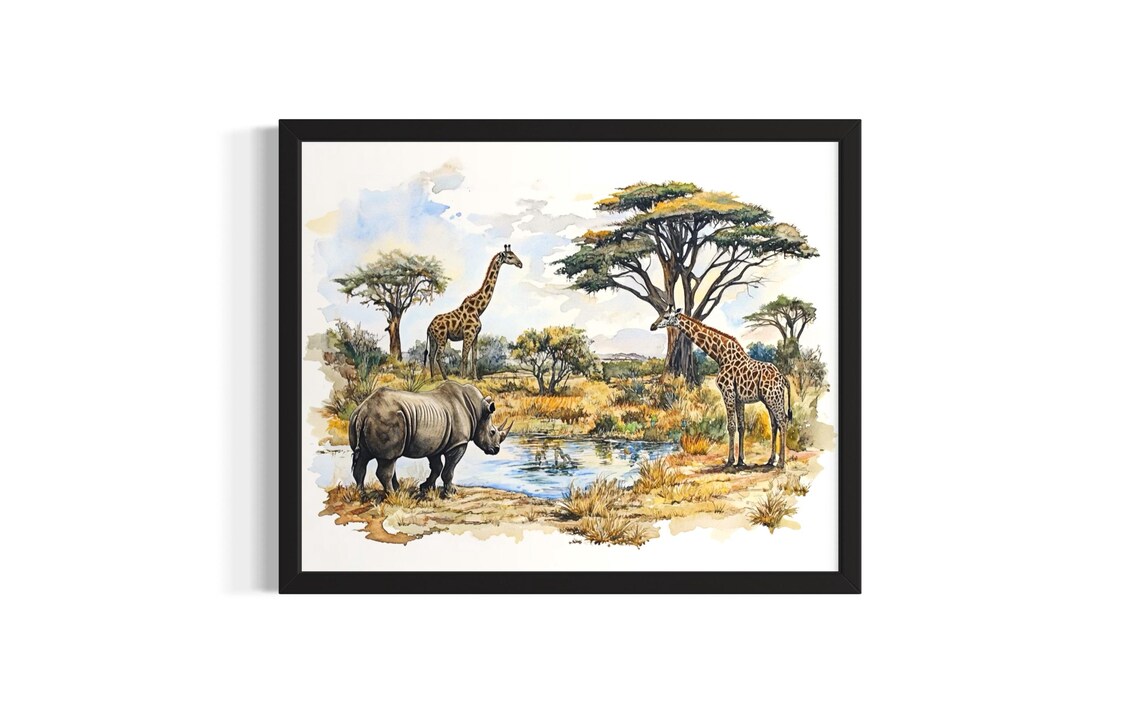 Rhino And Giraffes Waterhole Watercolor African Savanna Scene Poster