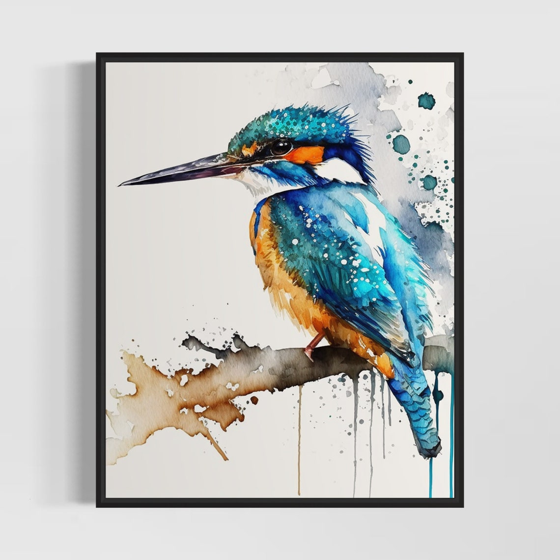 Common Kingfisher Perched on a Branch Watercolor Bird Poster Artwork