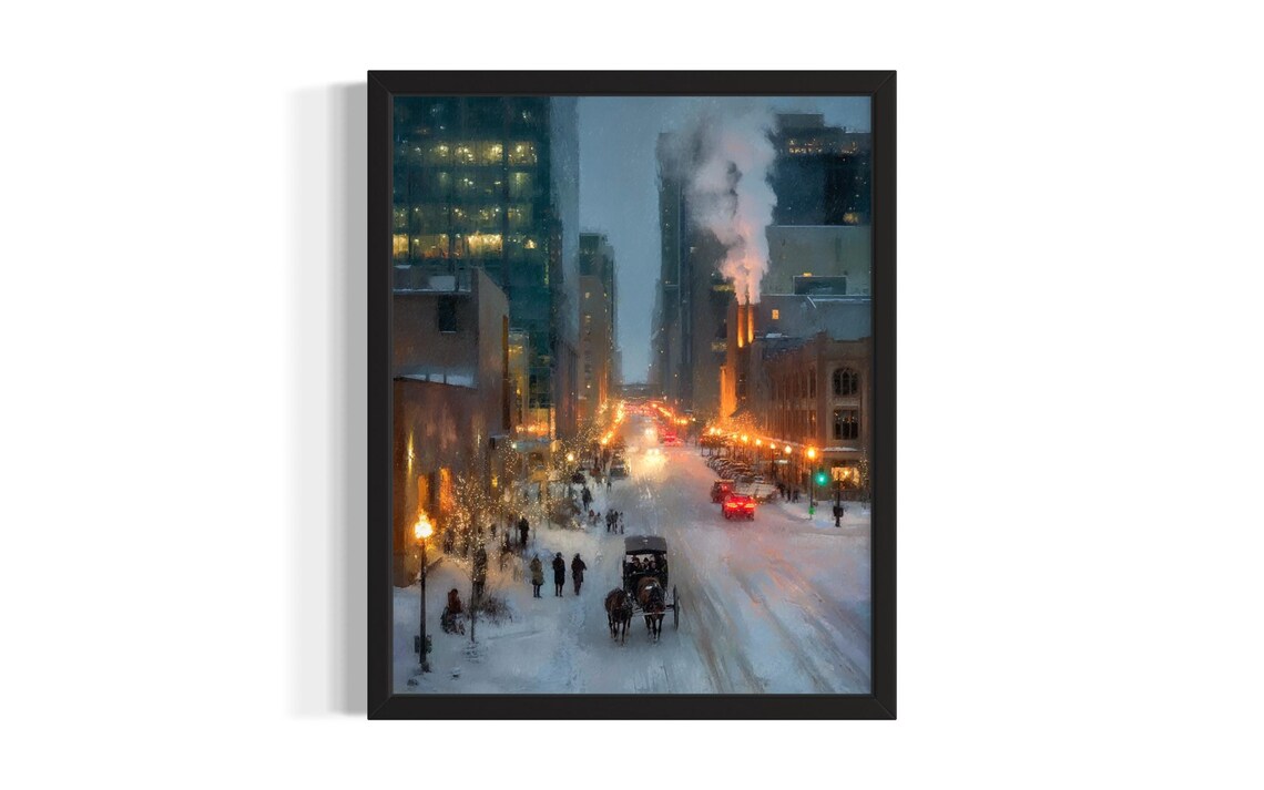 Minneapolis Snowy Street Horse Carriage Winter Night Scene Poster