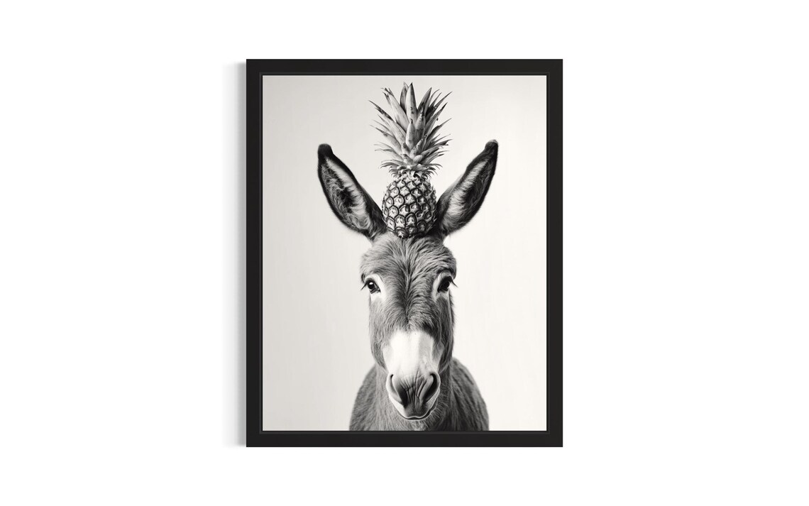Donkey Pineapple Hat Black and White Funny Animal Portrait Poster