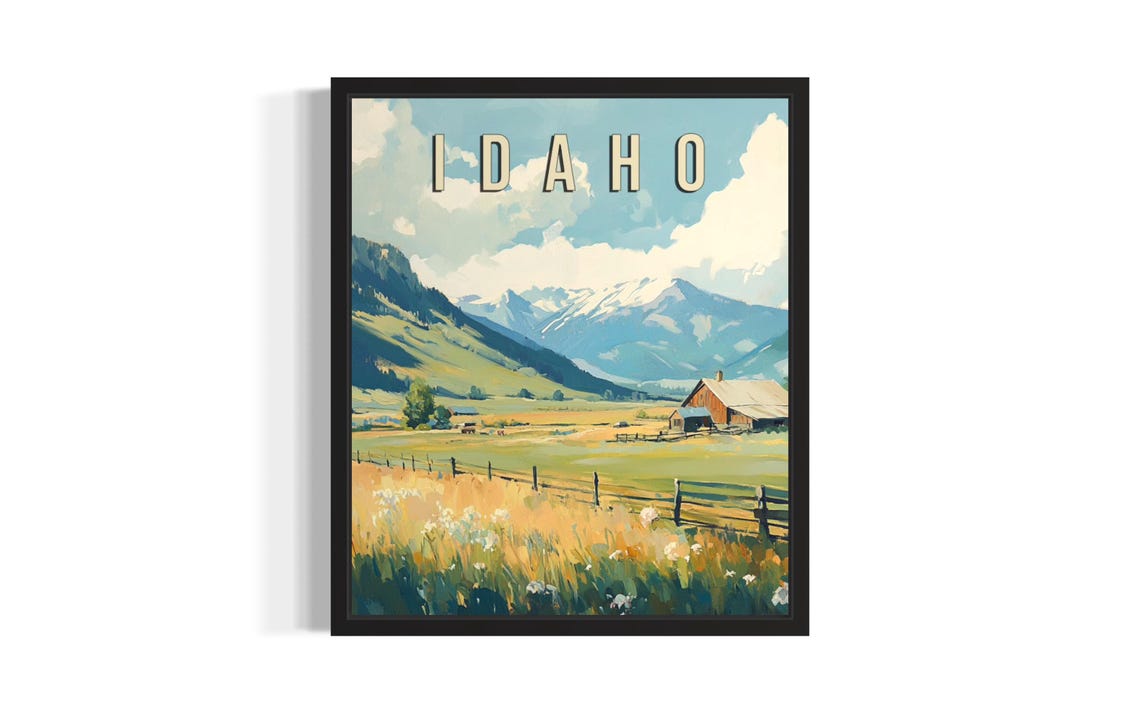 Idaho Mountain Meadow Red Barn Vintage Travel Style Scenic Poster