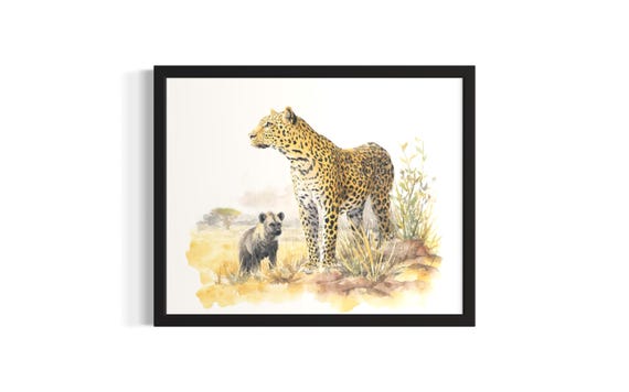 Leopard And Hyena Animal In Safair Harmony Poster Art Print Living Room Wall Original Painting Artwork Decor