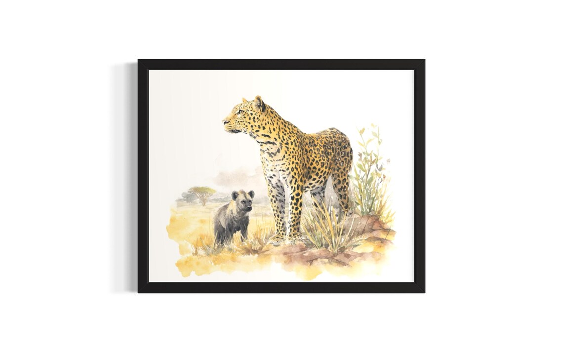 Leopard And Hyena Safari Watercolor African Savanna Wildlife Poster