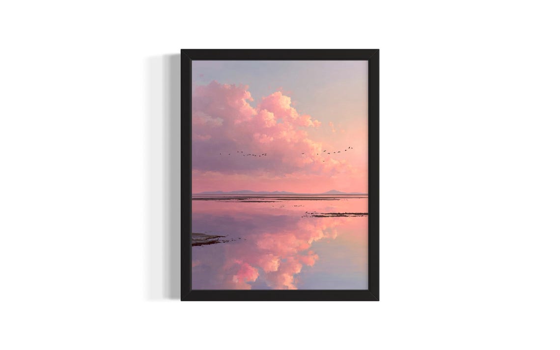 Utah Great Salt Lake Pink Sunset Mirror Reflection Birds Poster