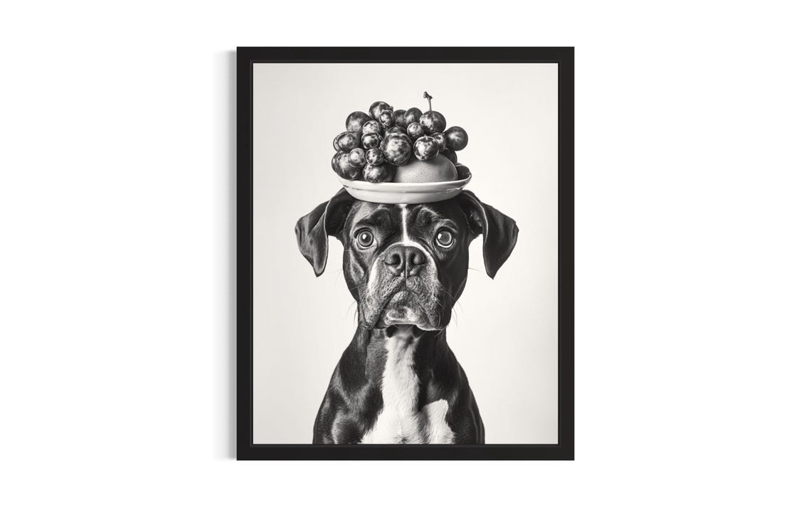 Boxer Dog Balancing Fruit Bowl Black And White Canine Portrait Poster