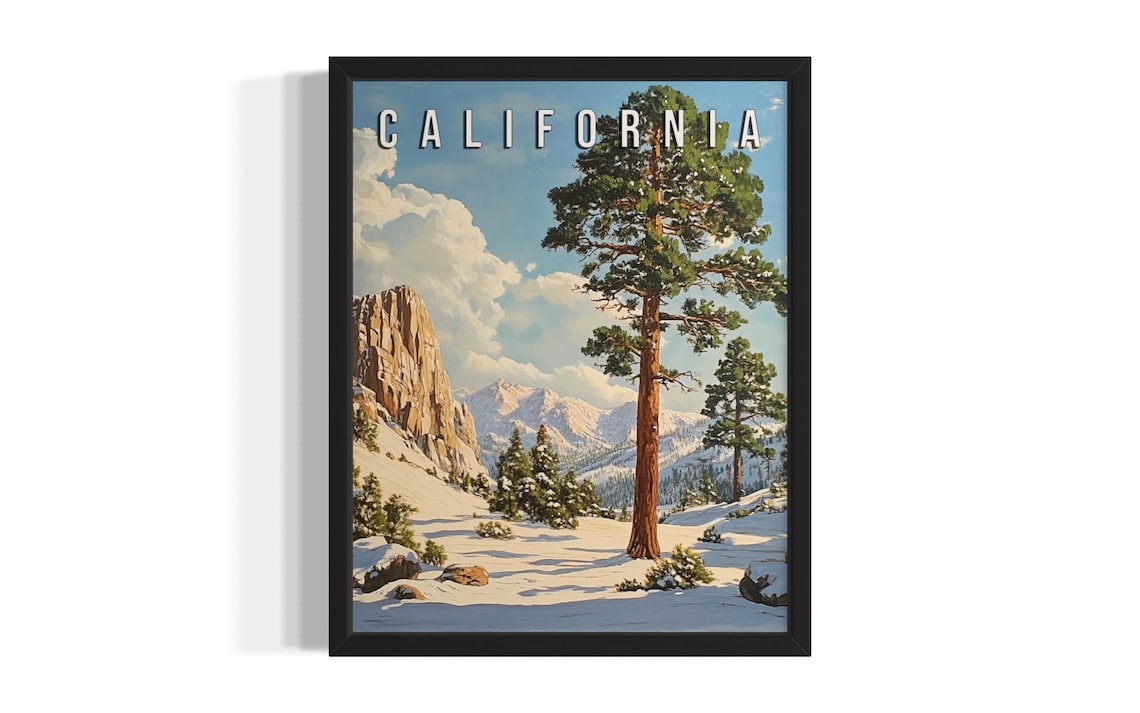 California Snowy Mountain Pine Vintage Winter Landscape Poster
