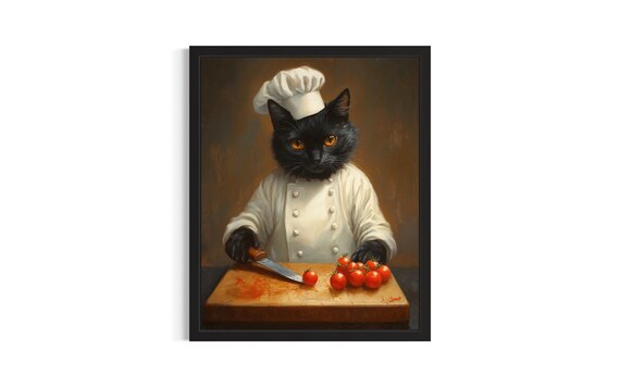 Black Cat Chef Oil Painting Portrait Kitchen Wall Decor Poster
