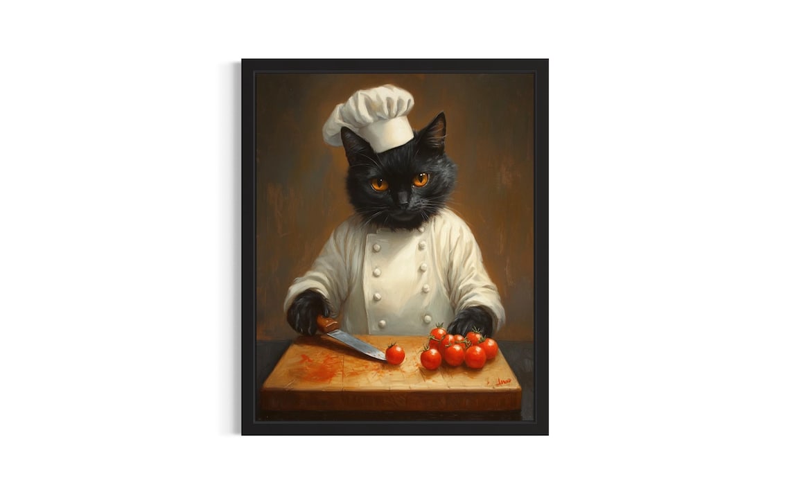 Black Cat Chef Oil Painting Portrait Kitchen Wall Decor Poster