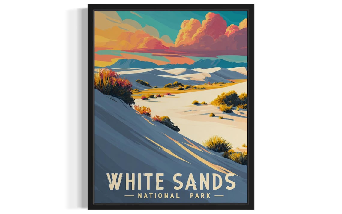 White Sands National Park Dunes at Sunset Vintage Travel Art Poster