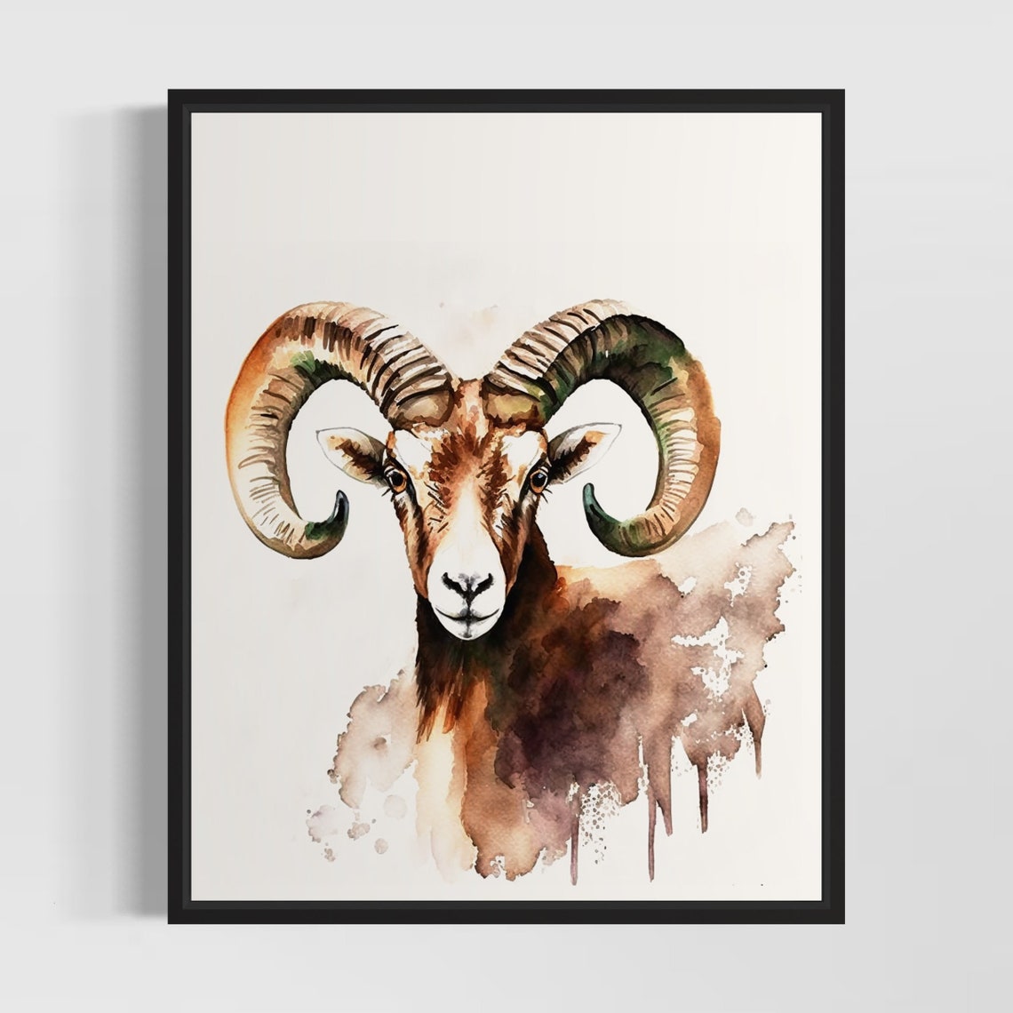 Wild Mouflon Ram With Curled Horns in Brown Watercolor Poster