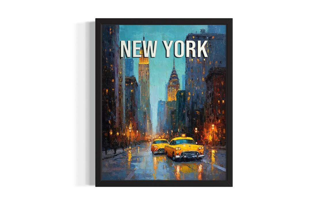 New York Night Street Yellow Taxis City Lights Rainy Art Poster
