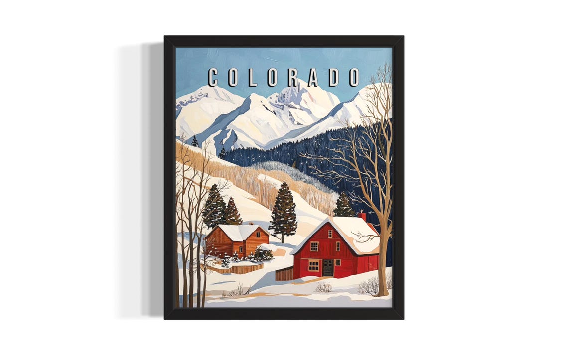 Colorado Winter Snowy Mountain Peaks Red Barns Travel Poster
