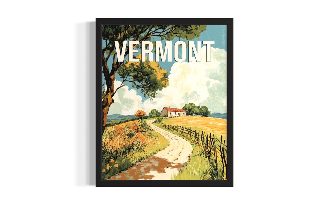 Vermont Countryside Farmhouse Dirt Road Fence Vintage Style Poster