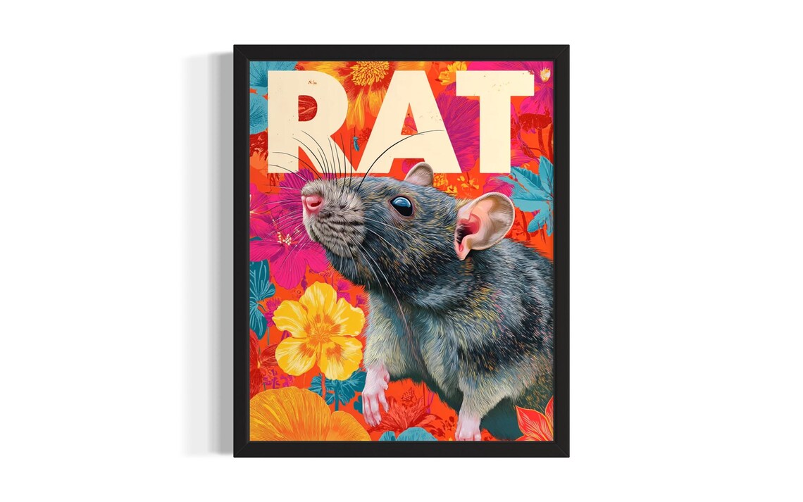 Rat Floral Garden Scene Colorful Pop Art Animal Portrait Poster