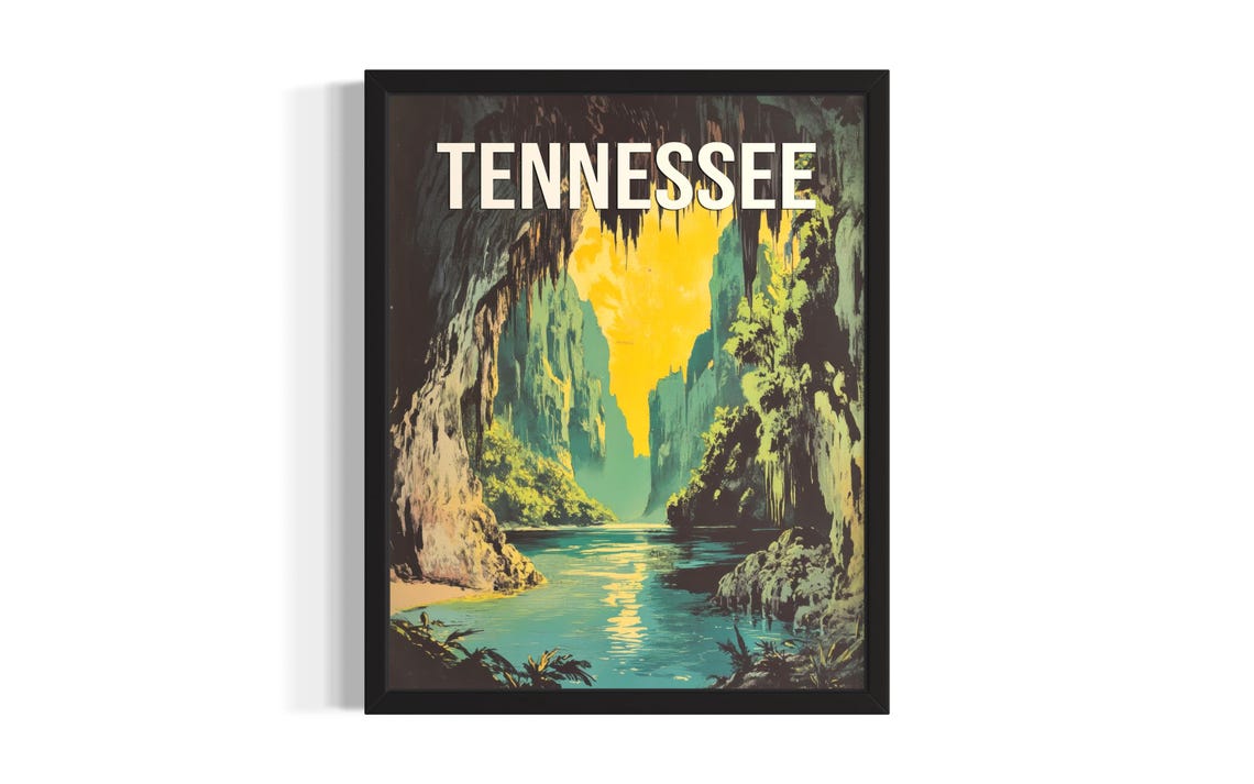 Tennessee Caves Underground River Cavern Sunset Travel Poster