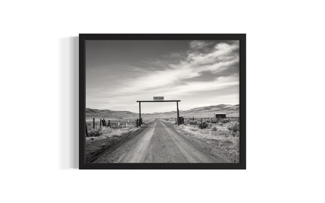 Oregon Black And White Ranch Gate Lonely Desert Road Photo Print