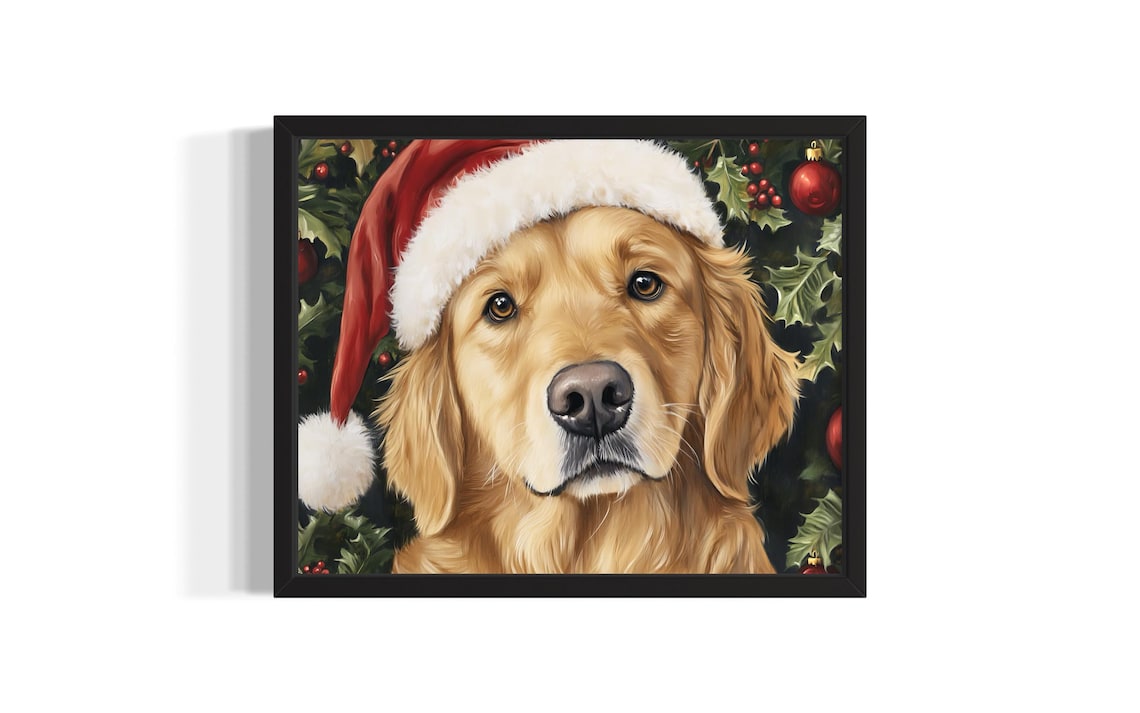 Golden Retriever in Santa Hat with Christmas Holly Painting Poster