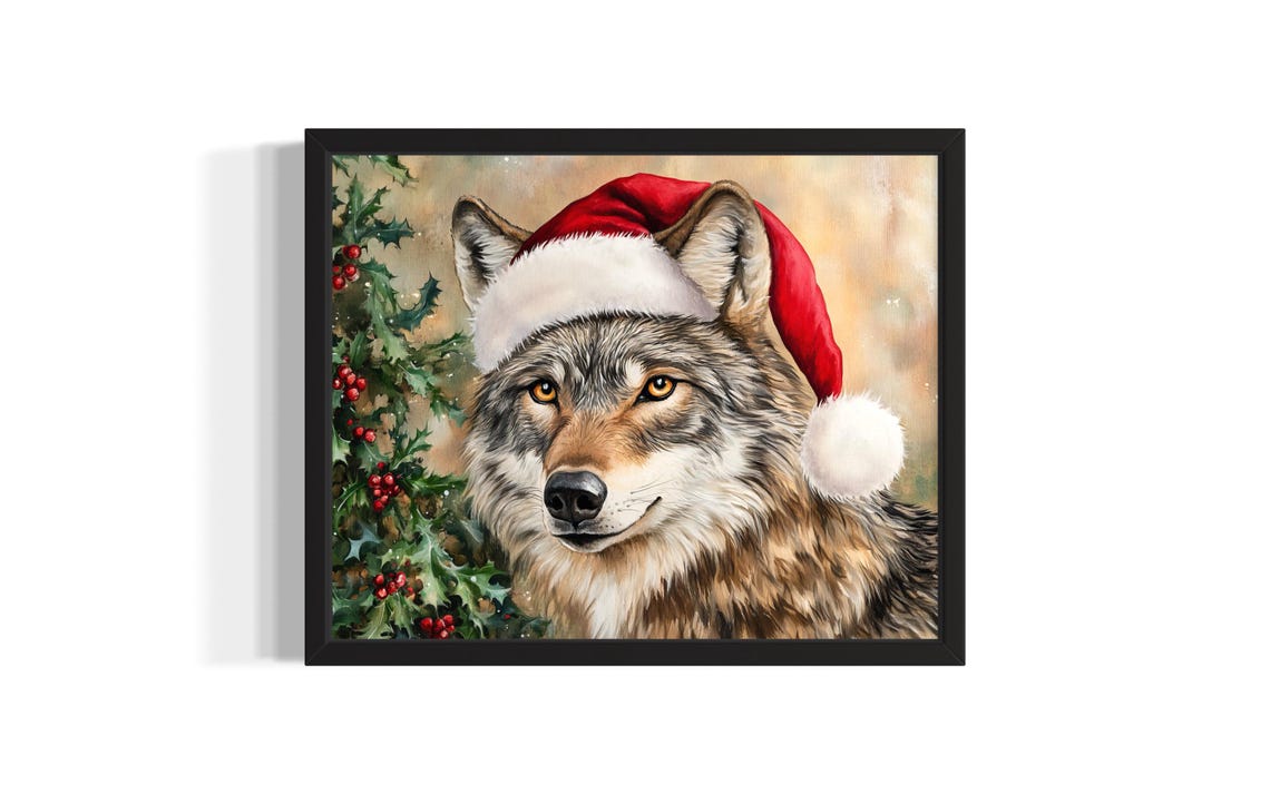 Wolf Wearing A Santa Hat Among Holly Berries Christmas Poster