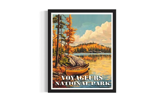 Voyageurs National Park Autumn Lake Canoe Vintage Travel Poster