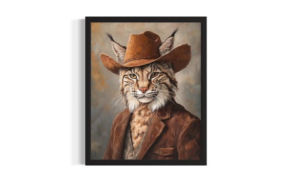Bobcat Animal Cowboy Poster Art Print Living Room Wall Original Painting Artwork Decor