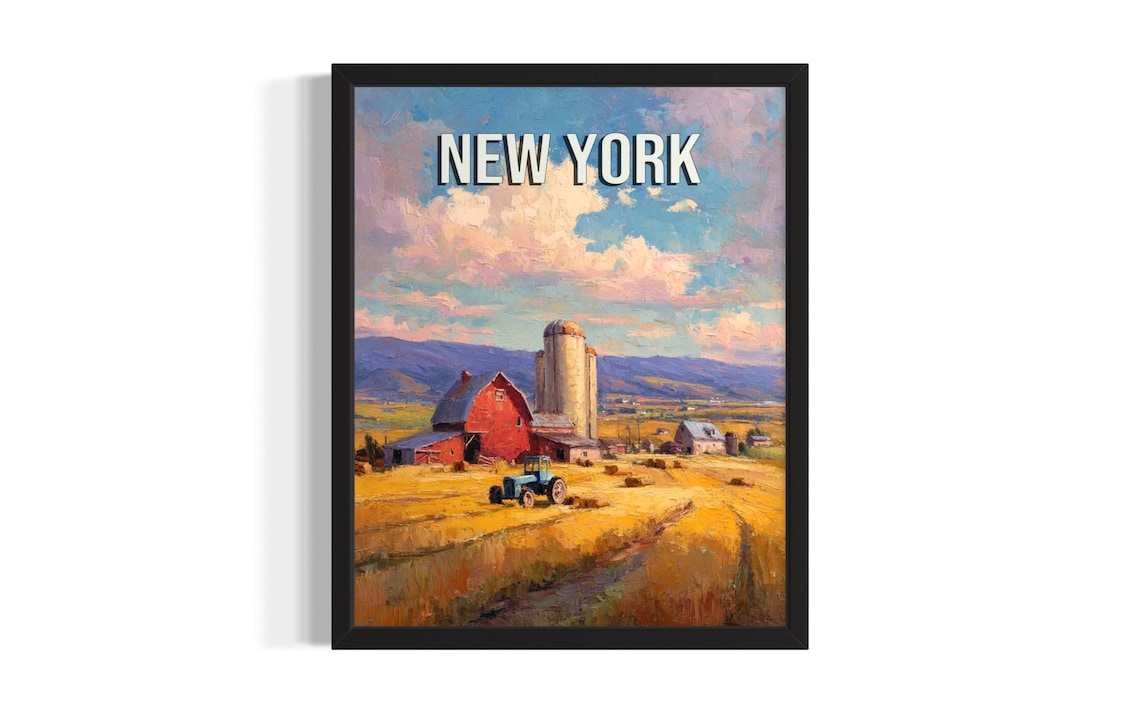New York Farm Red Barn Silo And Blue Tractor Golden Field Poster