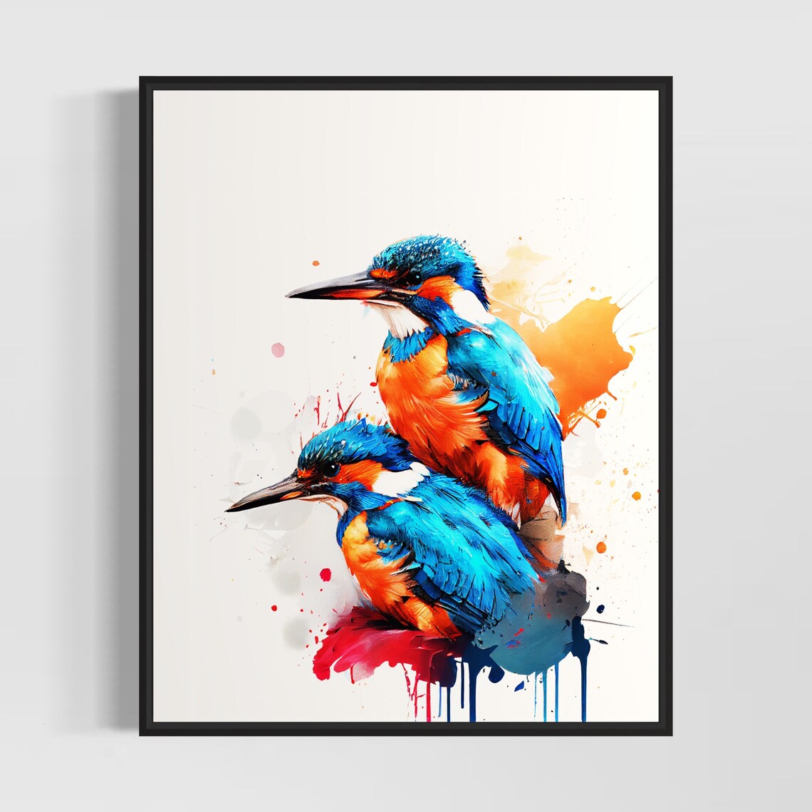 Kingfisher Couple in Electric Blue and Orange Watercolor Poster