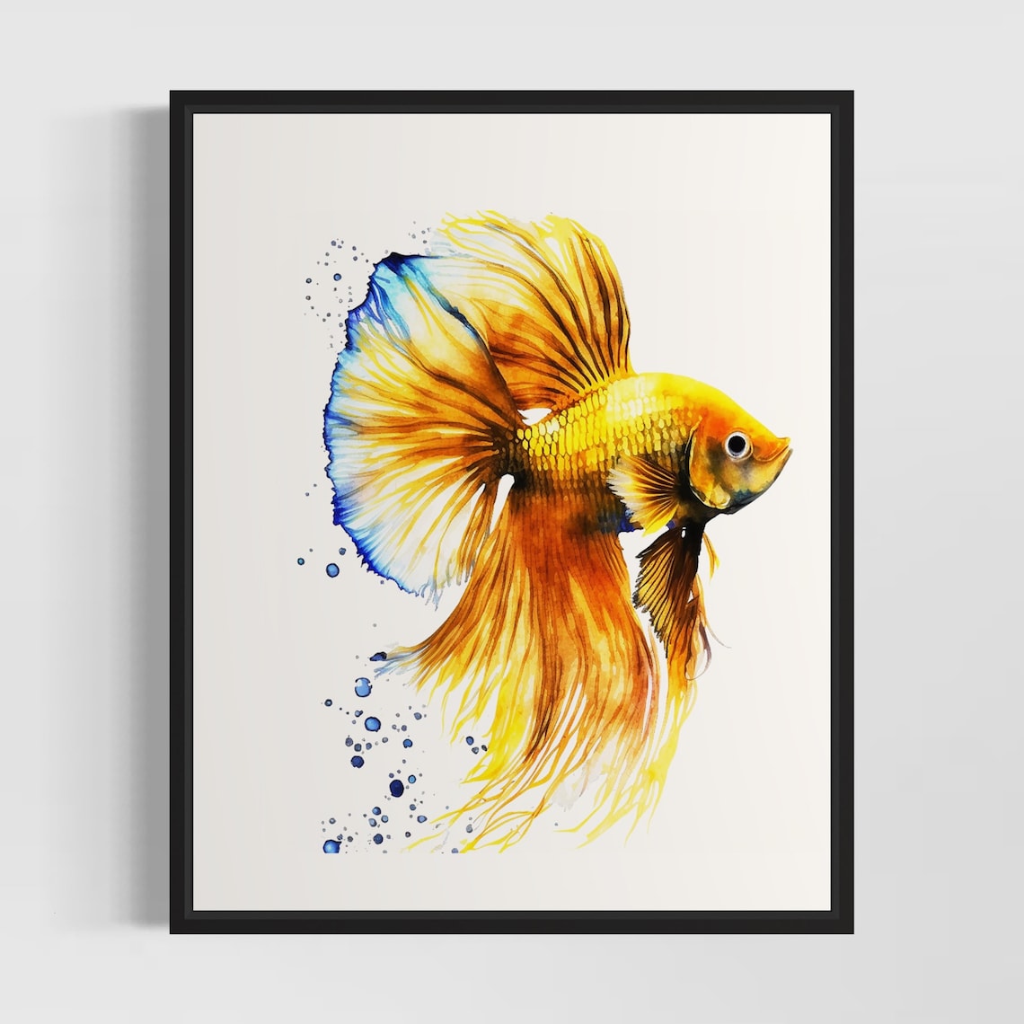 Golden Betta Fish with Flowing Fins Tropical Watercolor Art Poster