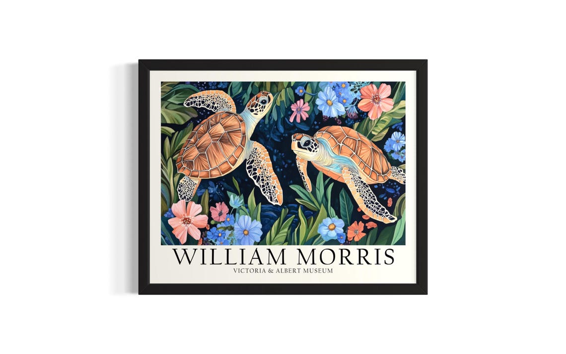Two Sea Turtles Among Blue Flowers William Morris Inspired Art Poster