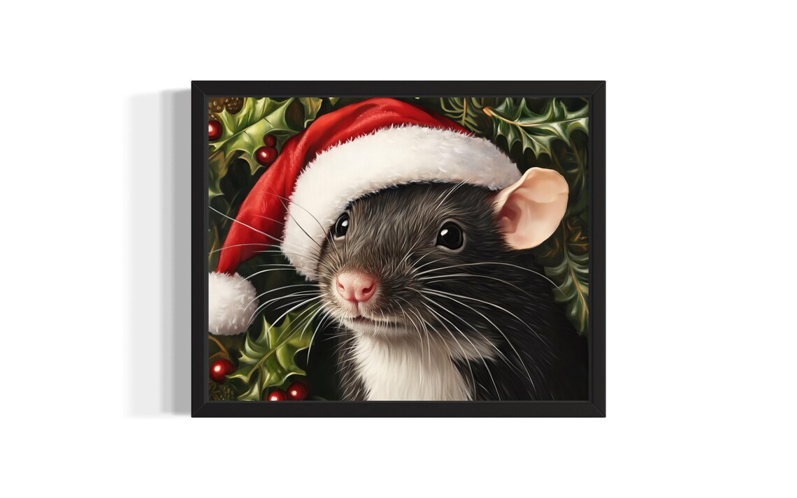 Cute Rat Wearing Santa Hat in Christmas Holly Berries Art Poster