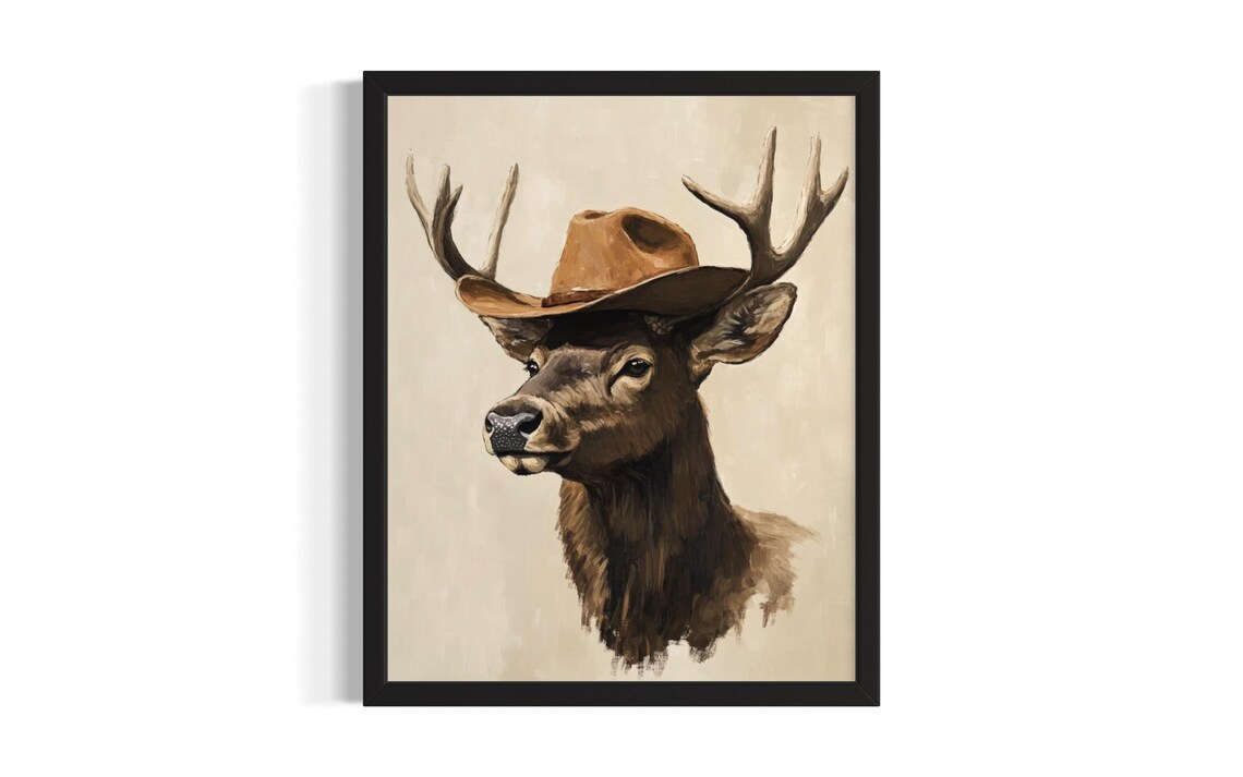 Bull Elk Wearing Cowboy Hat Western Portrait Poster Art Piece