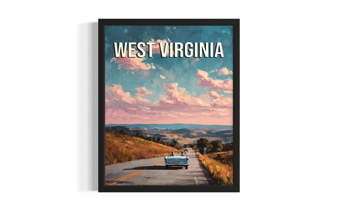 West Virginia Scenic Highway Classic Convertible Sunset Travel Poster