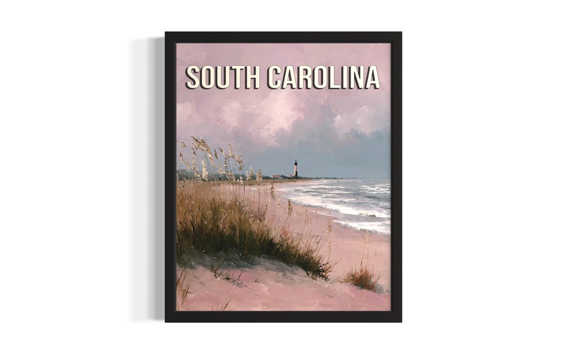 South Carolina Coast Beach Lighthouse Sea Oats Dune Grass Art Poster