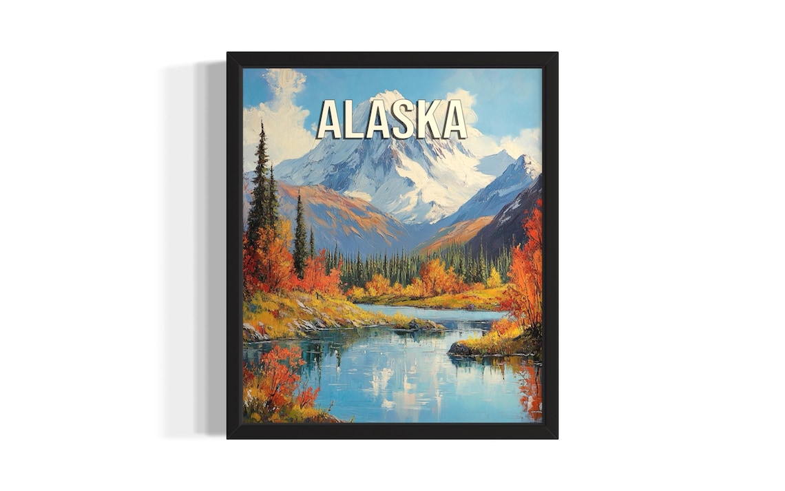 Alaska Autumn Mountain Lake Reflection Retro Travel Landscape Poster