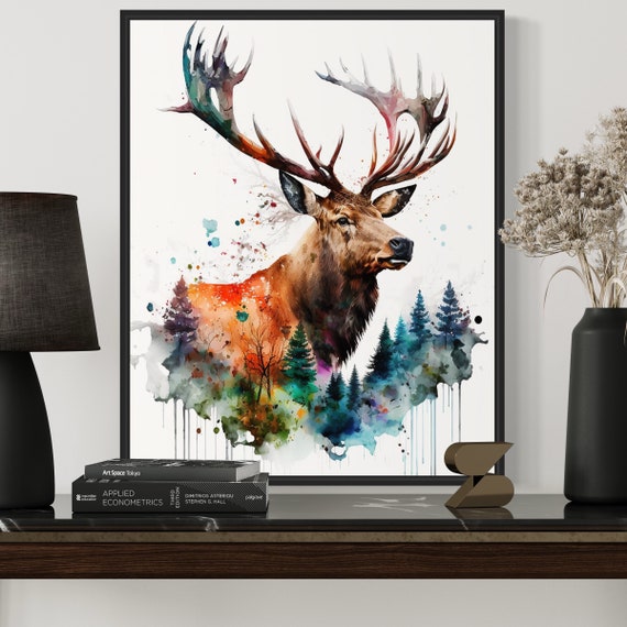 Elk And Forest Watercolor Art Print Painting Wall Decor Original Artwork By Artist