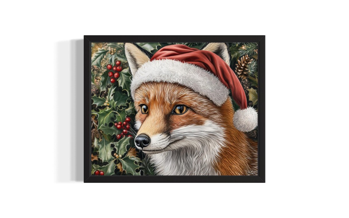 Christmas Red Fox in Santa Hat Among Holly Berries Painting Poster