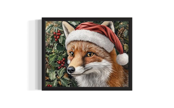 Christmas Red Fox in Santa Hat Among Holly Berries Painting Poster