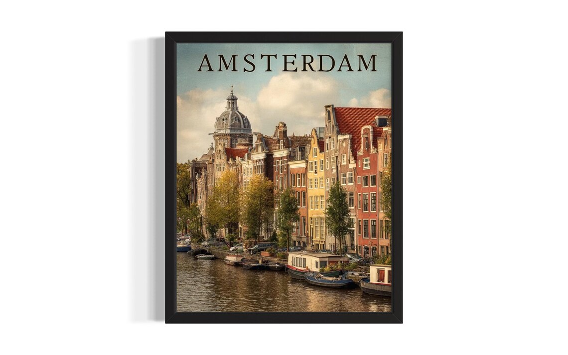 Amsterdam Canal Houses and Boats Golden Light Vintage Travel Poster