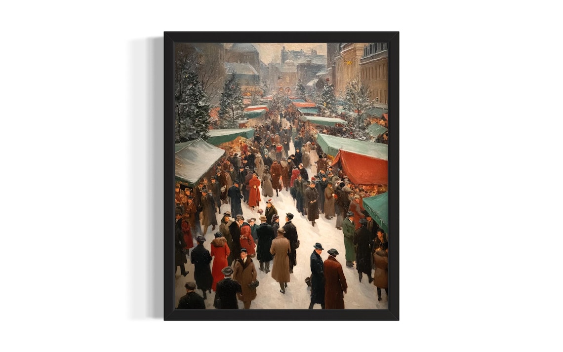Bustling Christmas Market Crowded Snowy Street Vintage Painting Poster