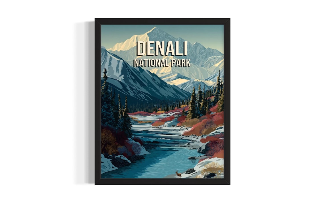 Denali National Park Snowy Peak Stream Vintage Travel Poster
