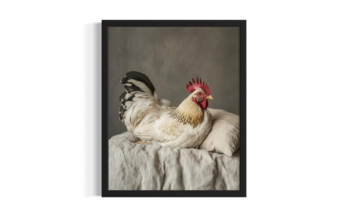 Rooster Standing on a Bed in a Rustic Farmhouse Style Portrait Poster