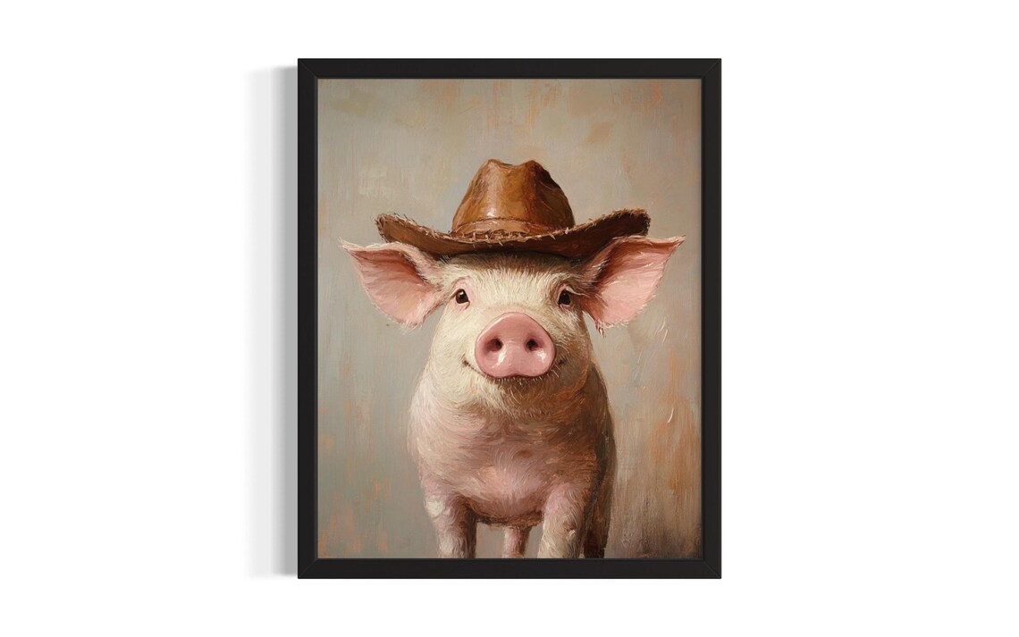 Pig Wearing Cowboy Hat Cute Western Portrait Poster Art Piece