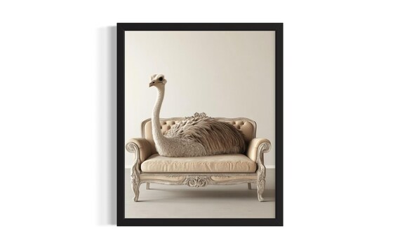 Graceful Ostrich Resting on Cream Settee Minimal Art Vintage Poster