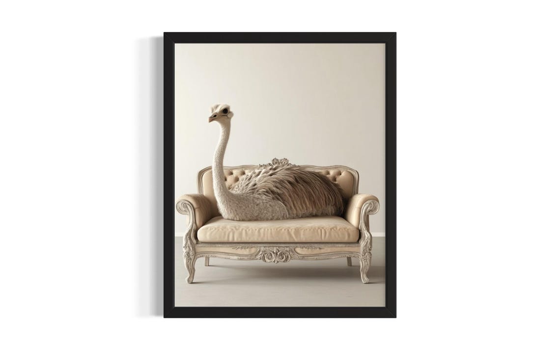 Graceful Ostrich Resting on Cream Settee Minimal Art Vintage Poster